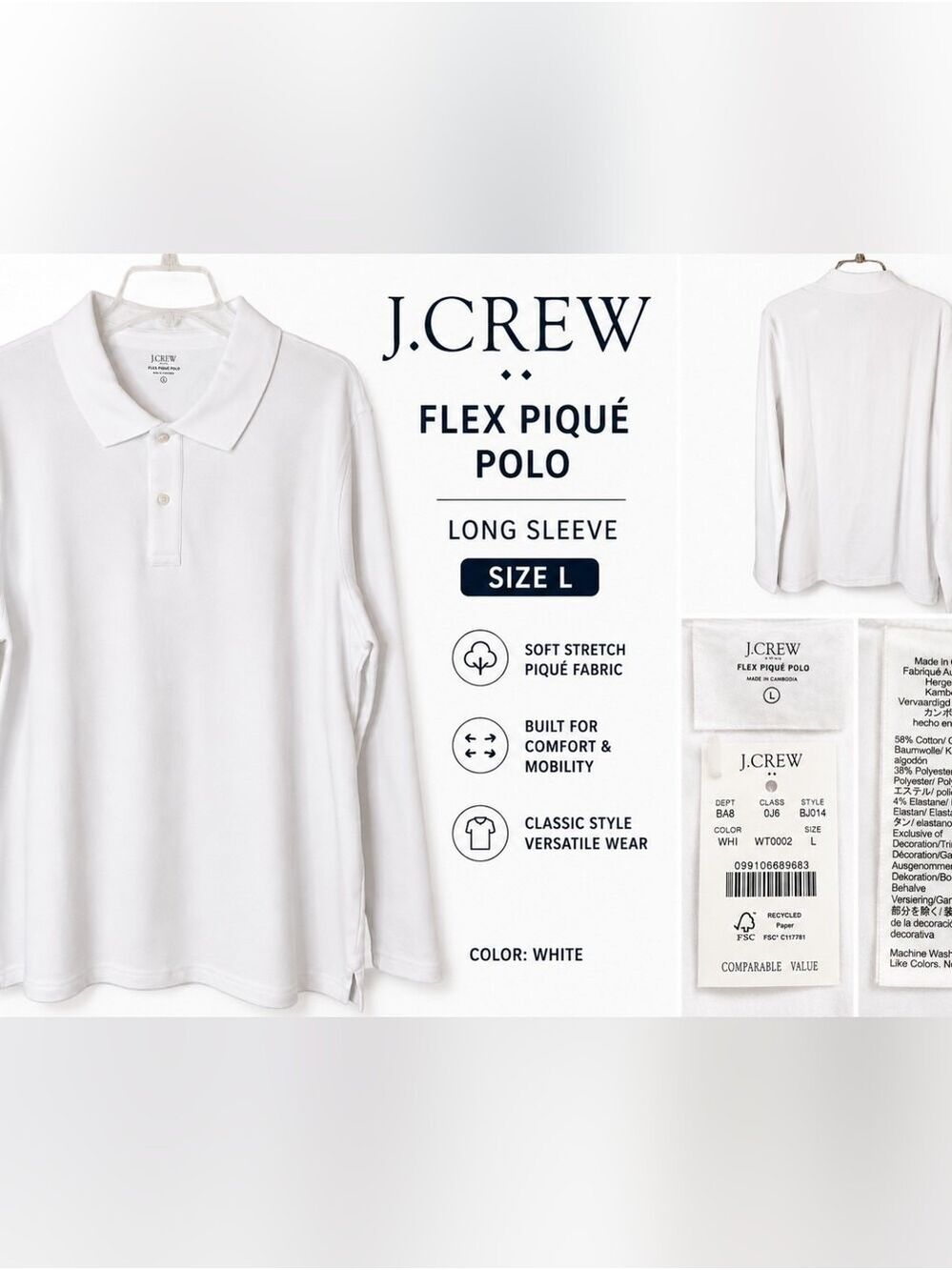 J. Crew Factory Flex Piqué Long Sleeve Polo Shirt White Size Large NWT